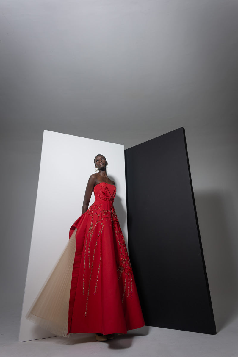 Sindoor Faille Strapless Ball Gown with Hex Weave Embroidered Apron Skirt and Pleated Tulle Underskirt Front Runway