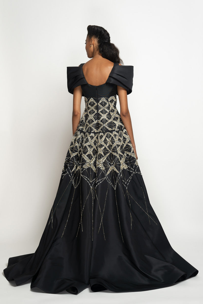 Sitara Embroidered Onyx Faille Peplum Gown with Moulded-Sleeve Drape and Ivory Faille Lehenga Skirt 5