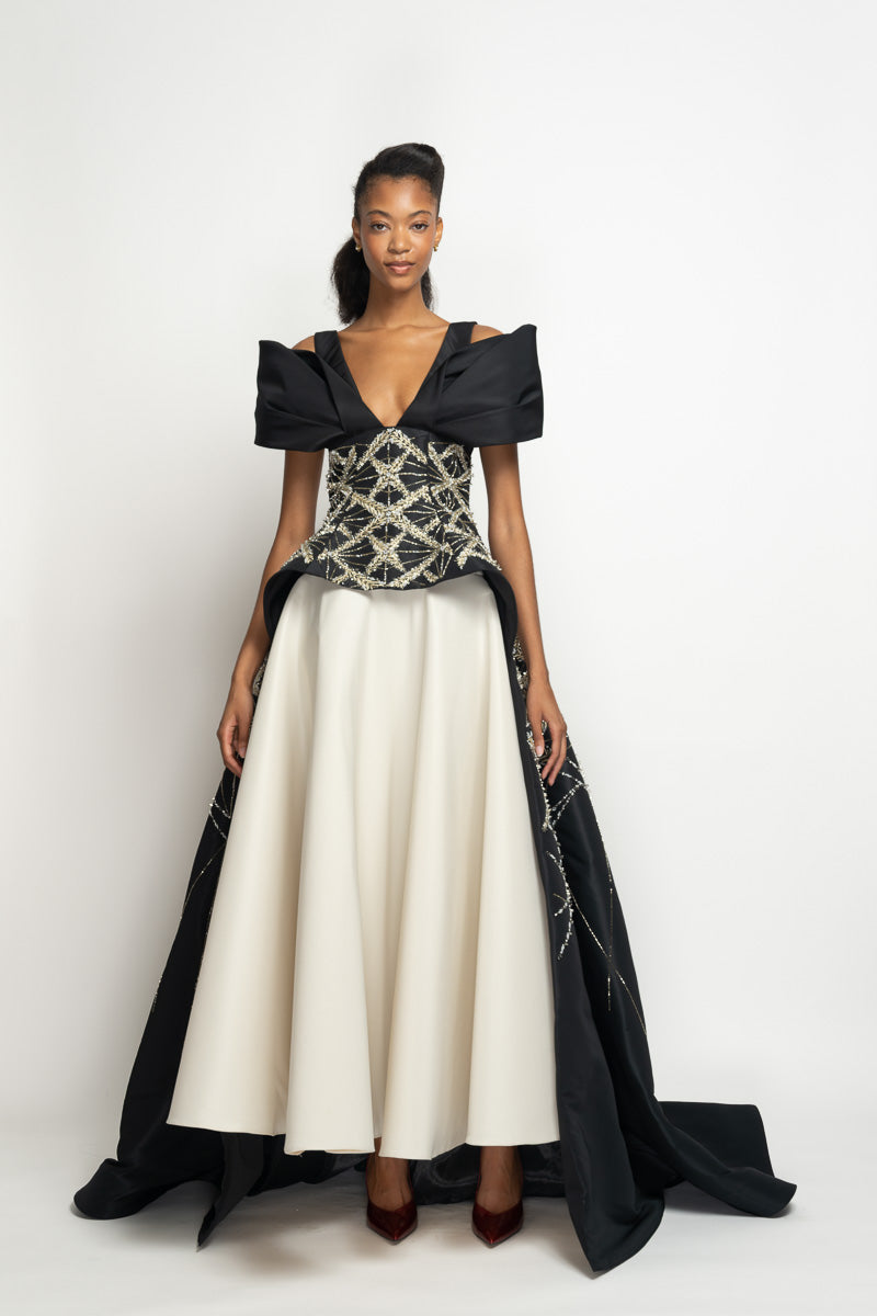 Sitara Embroidered Onyx Faille Peplum Gown with Moulded-Sleeve Drape and Ivory Faille Lehenga Skirt 2