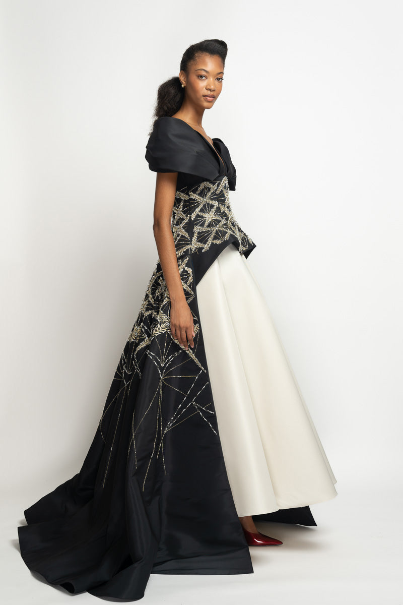 Sitara Embroidered Onyx Faille Peplum Gown with Moulded-Sleeve Drape and Ivory Faille Lehenga Skirt 3