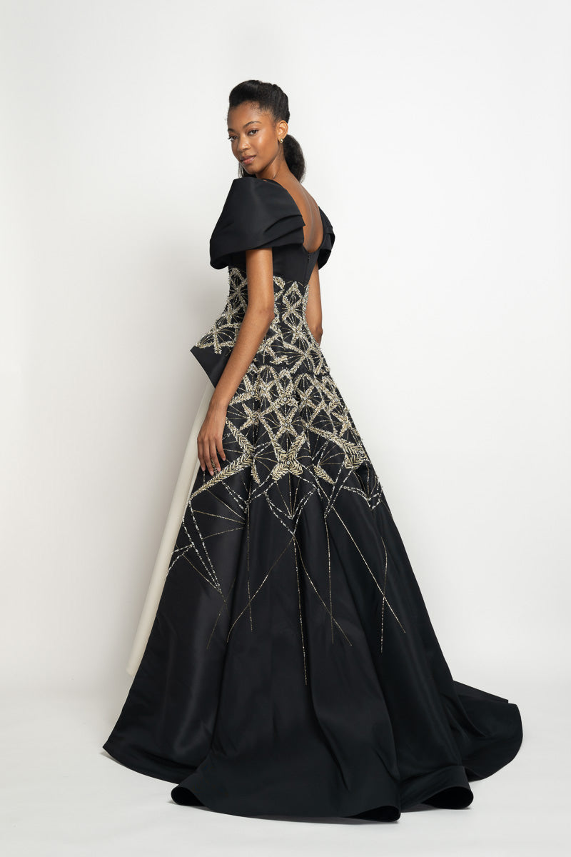 Sitara Embroidered Onyx Faille Peplum Gown with Moulded-Sleeve Drape and Ivory Faille Lehenga Skirt 4