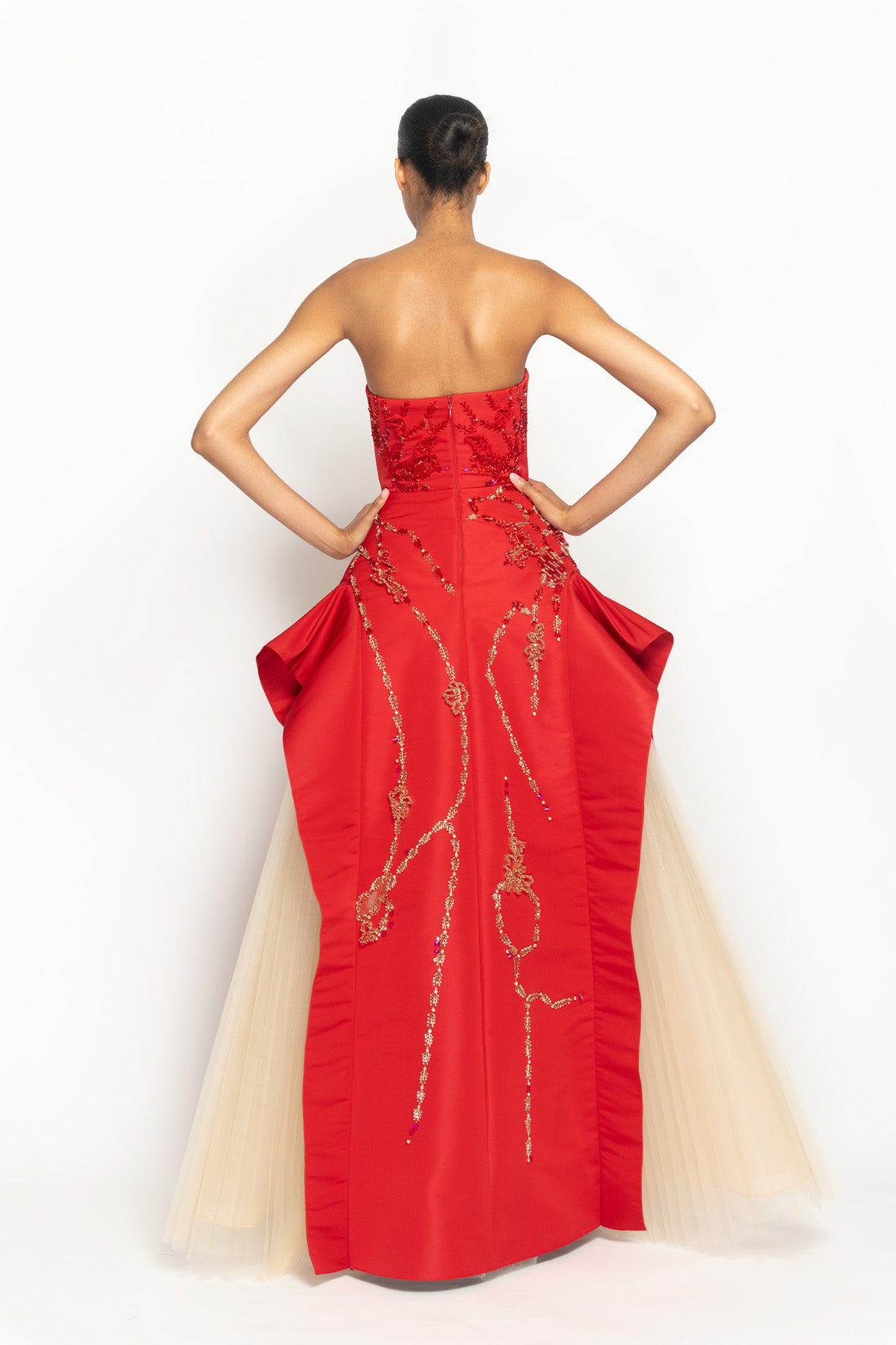 Sindoor Faille Strapless Ball Gown with Hex Weave Embroidered Apron Skirt and Pleated Tulle Underskirt Back