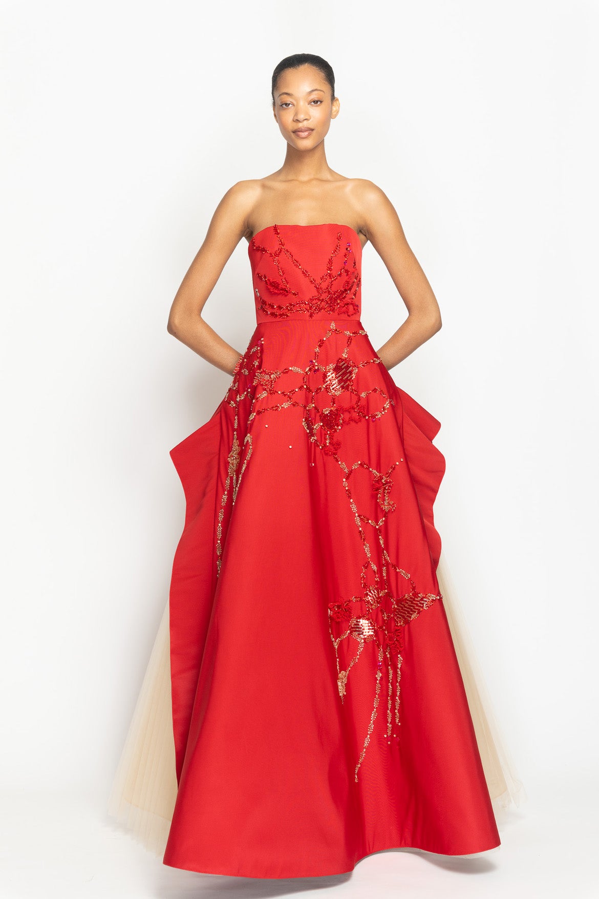 Sindoor Faille Strapless Ball Gown with Hex Weave Embroidered Apron Skirt and Pleated Tulle Underskirt Front