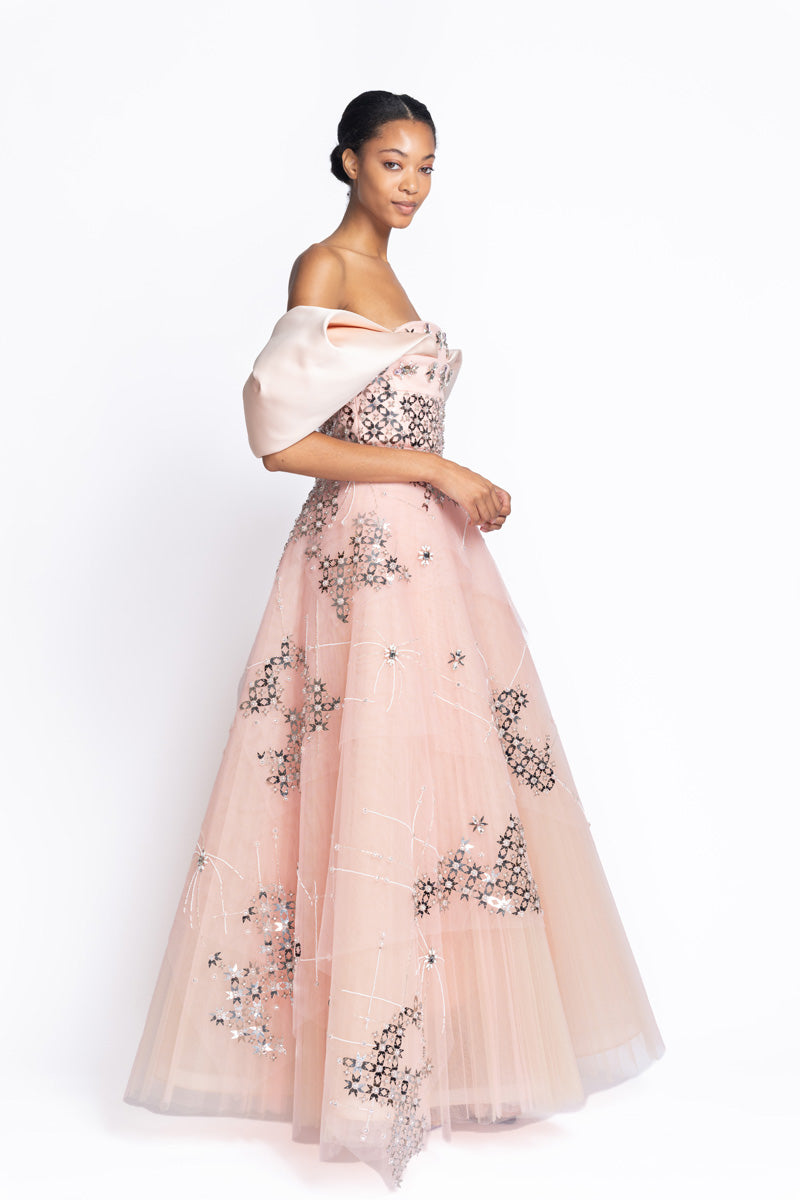 Stella Embroidered Peony Tulle Gown with Double Duchess Shoulder Drapes 3