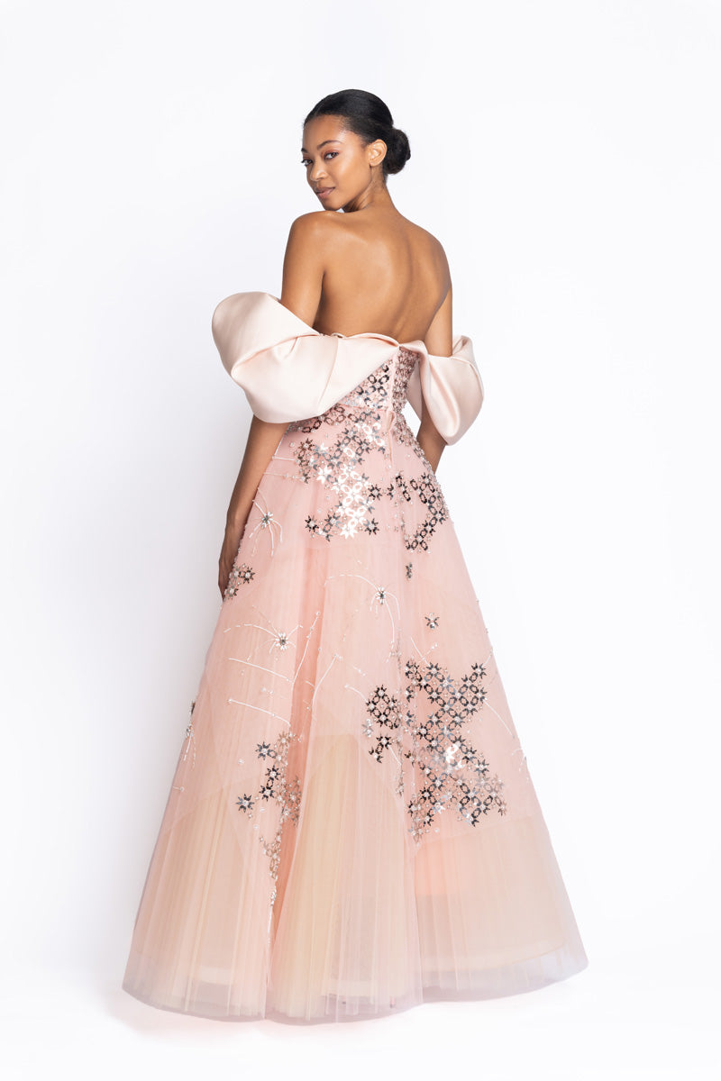 Stella Embroidered Peony Tulle Gown with Double Duchess Shoulder Drapes 4