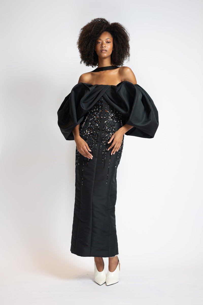 Sunburst Embroidered Black Faille Dress With Draped Cloud Sleeves 1