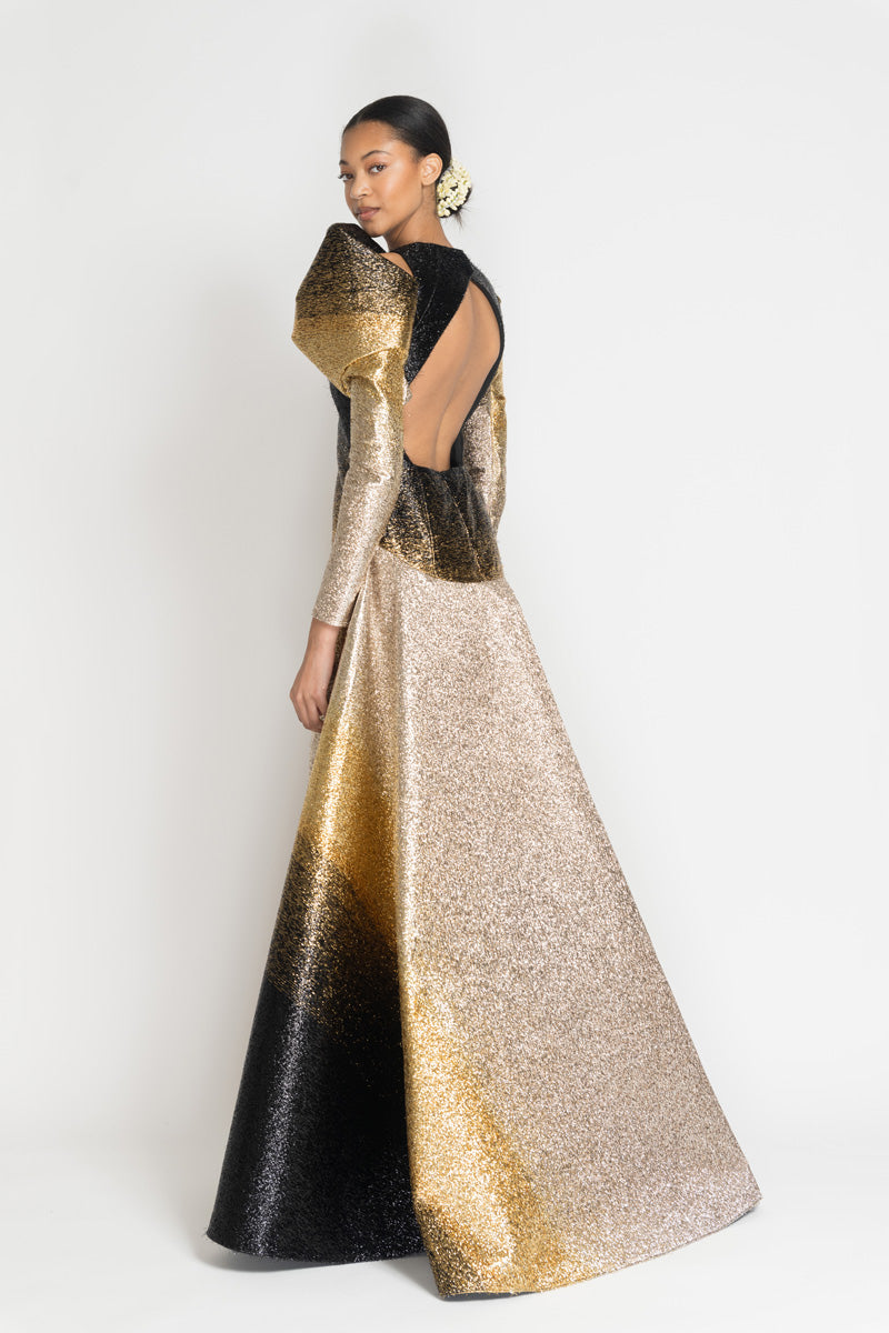 Black/Gold Ombre Lurex Rani Gown With Drape Sleeves 4