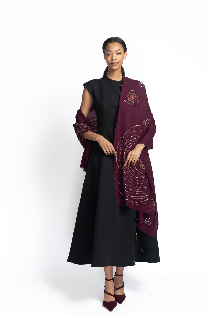 Claret Cashmere Scarf with Cosmic Embroidery