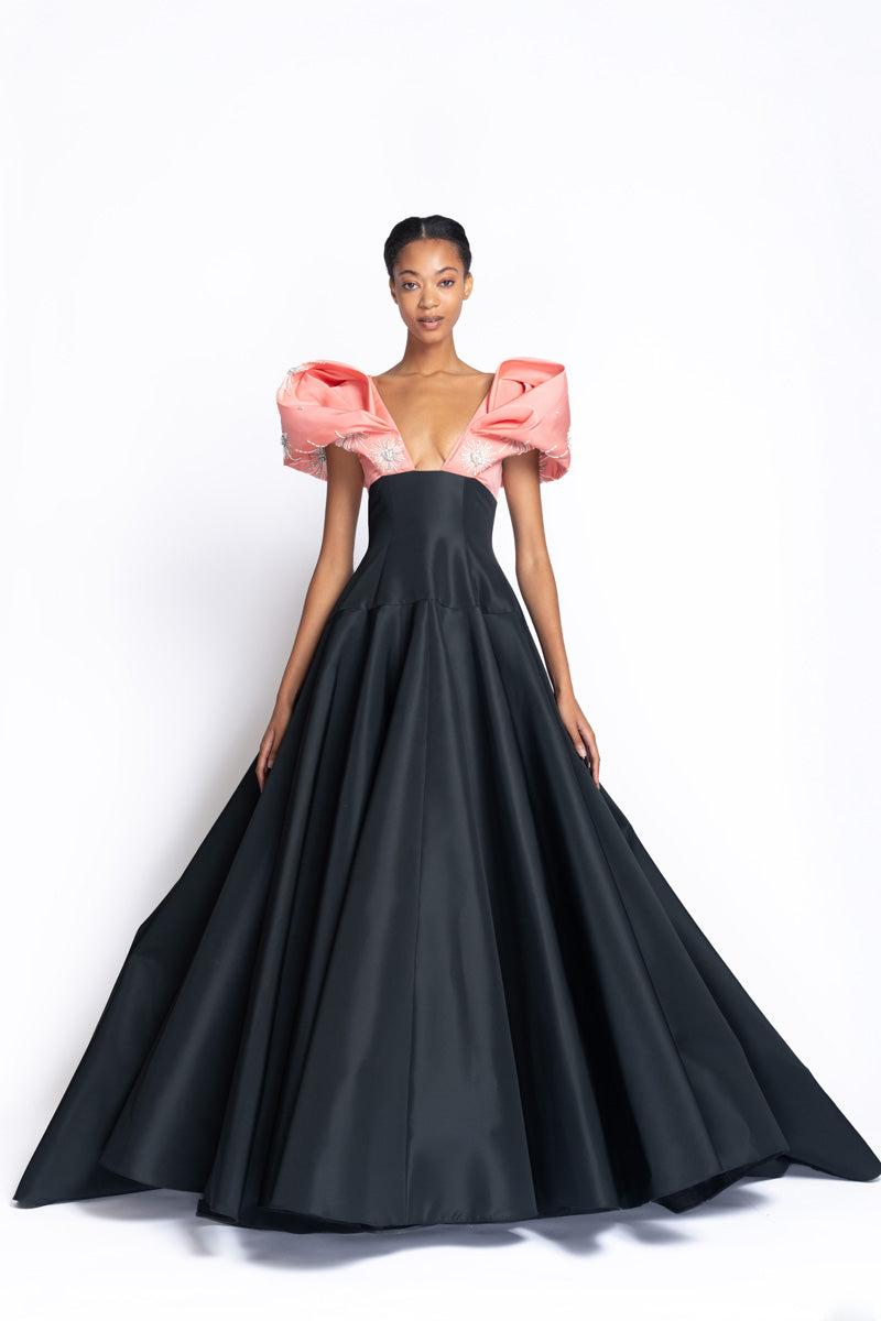 Hibiscus And Onyx Faille Gown with Gemma Embroidered Shoulder Drapes 2