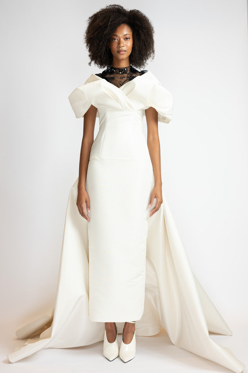 Ivory Faille Gown With Glass Petal Embroidered Bodice 1