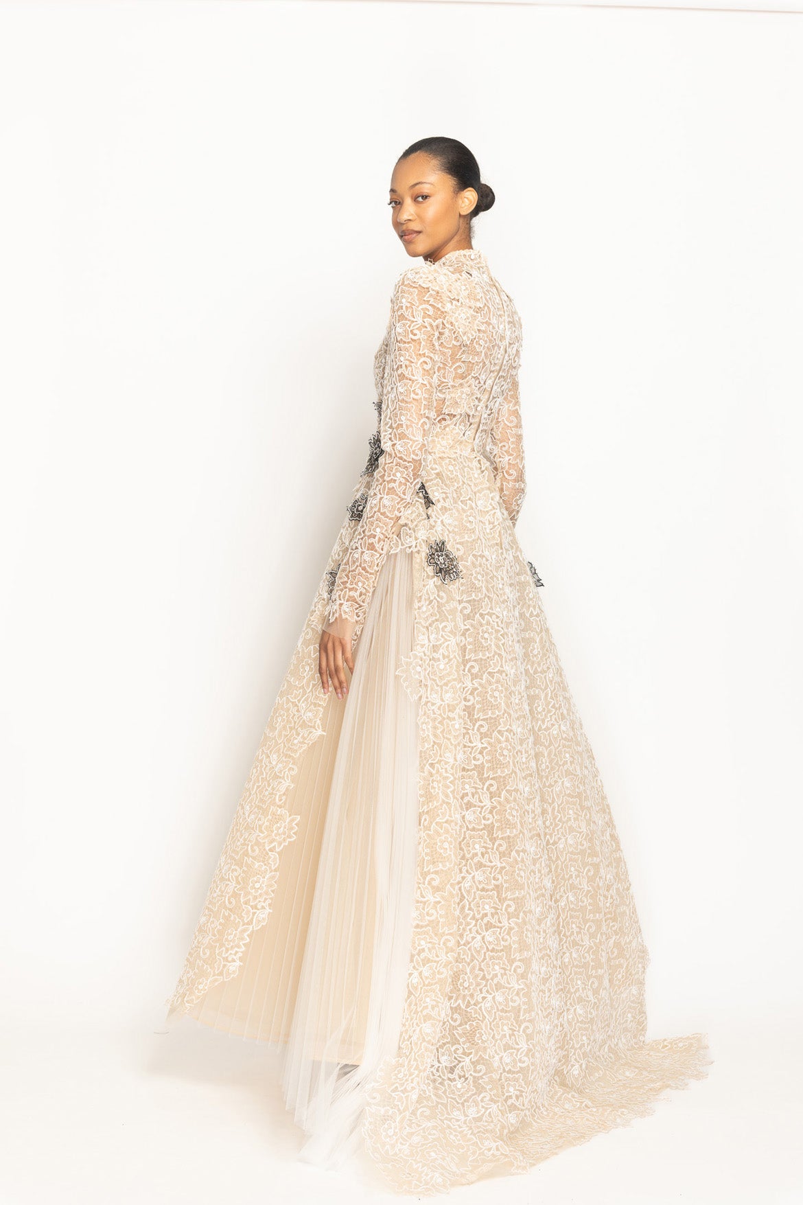 Light Sand Belle Fleur Lace and Tulle Gown with Onyx Lace Appliqué Side Two