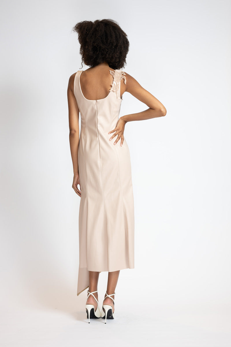 Buff Vegan Leather Asymmetrical Sheath Dress With Nomad Lace Applique 4