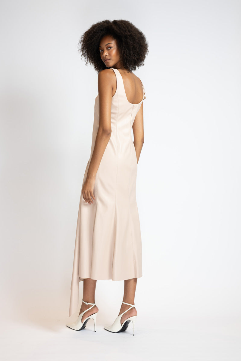 Buff Vegan Leather Asymmetrical Sheath Dress With Nomad Lace Applique 5