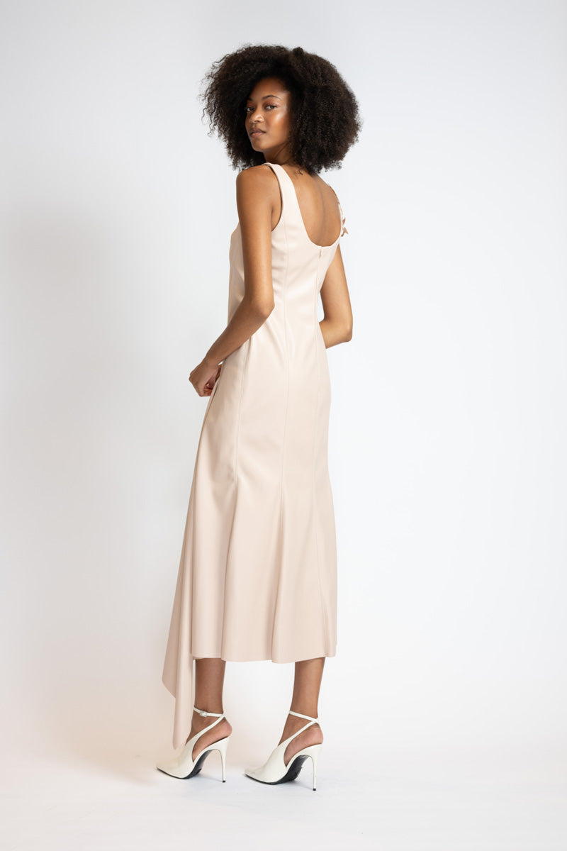 Buff Vegan Leather Asymmetrical Sheath Dress With Nomad Lace Applique 6