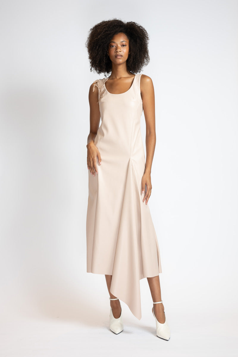 Buff Vegan Leather Asymmetrical Sheath Dress With Nomad Lace Applique 1