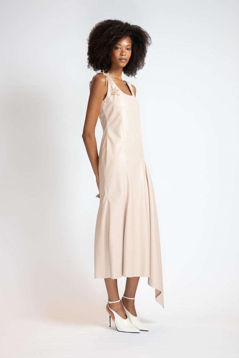 Buff Vegan Leather Asymmetrical Sheath Dress With Nomad Lace Applique 2