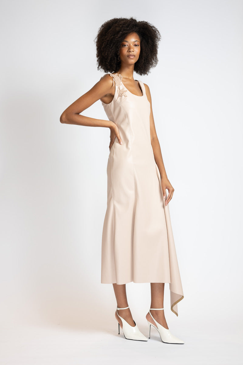 Buff Vegan Leather Asymmetrical Sheath Dress With Nomad Lace Applique 3