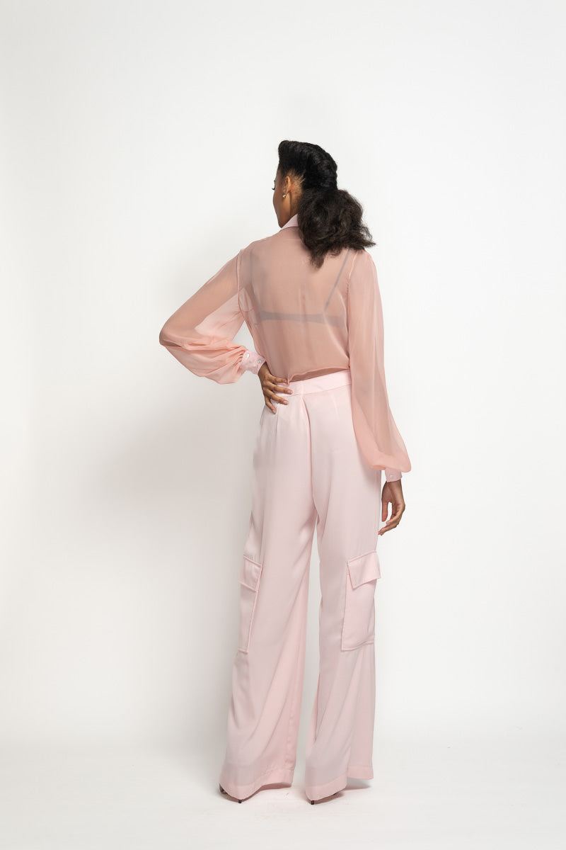 Blossom Pink Satin Crepe Cargo Trousers 5