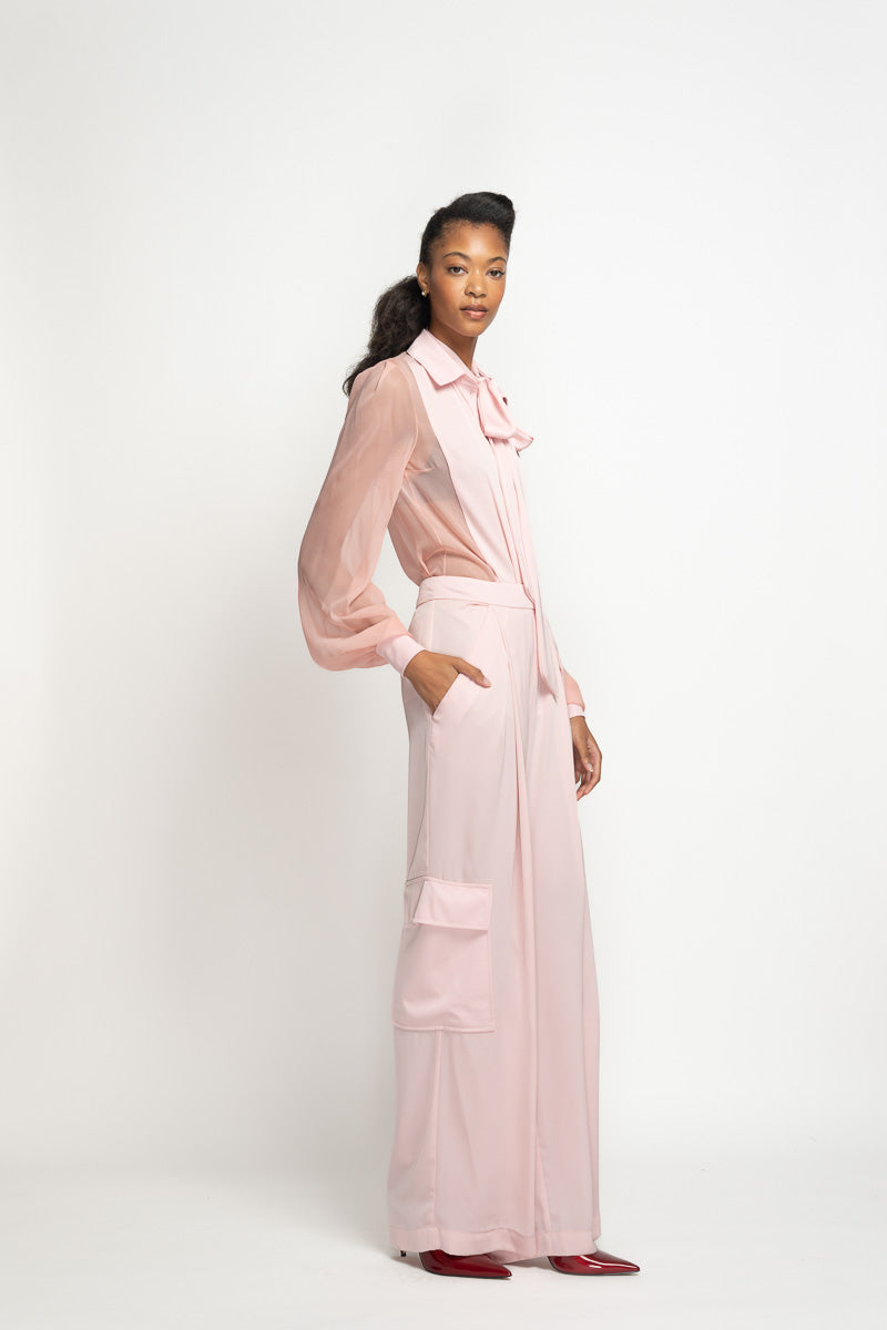 Blossom Pink Satin Crepe Cargo Trousers 3