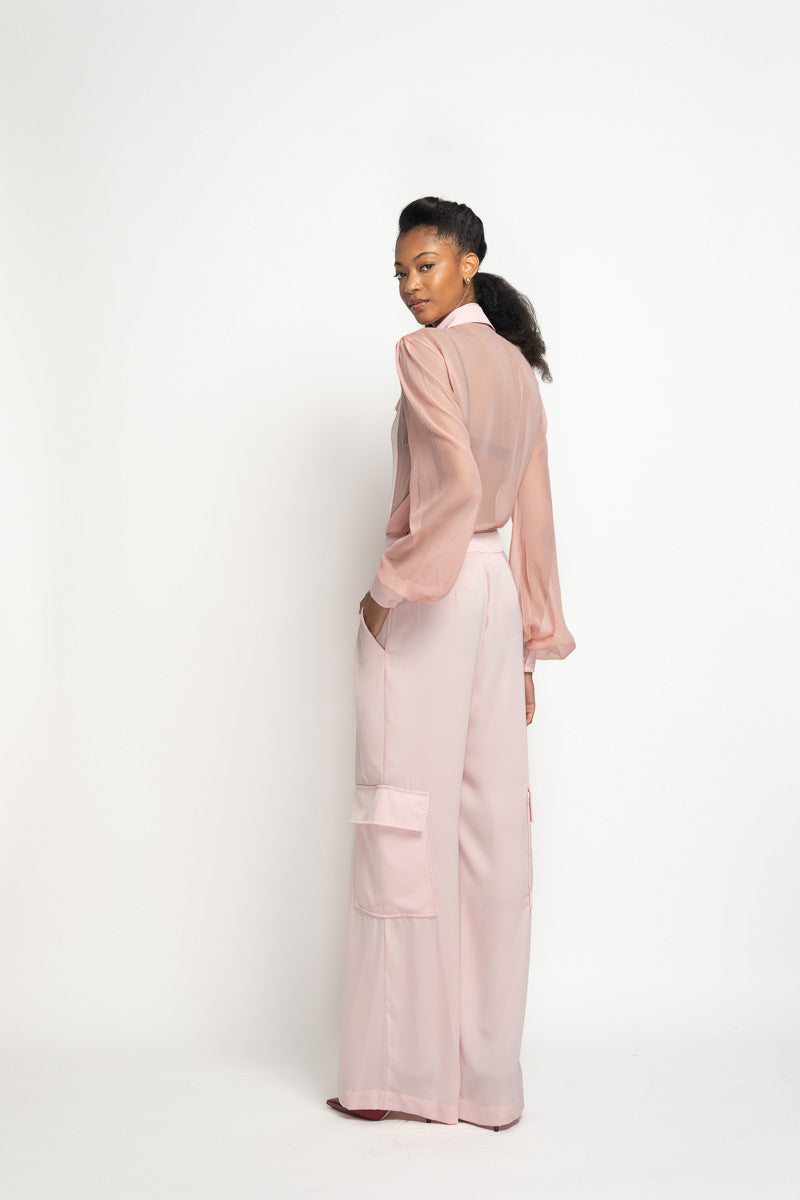Blossom Pink Satin Crepe Cargo Trousers 4