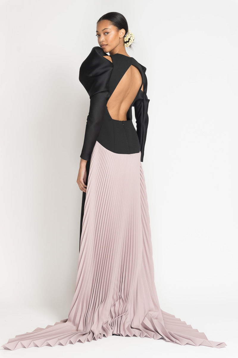 Black and Mauve Cady Rani Gown With Pleated Train And Draped Sleeves 3