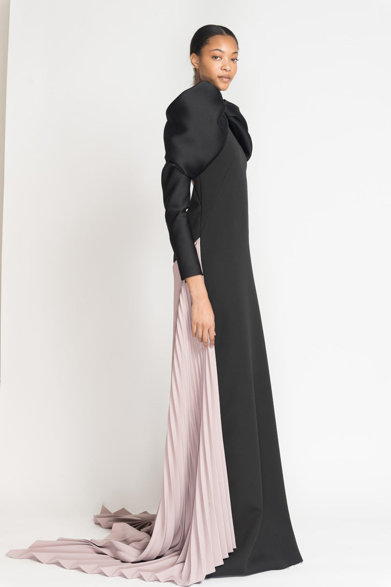 Black and Mauve Cady Rani Gown With Pleated Train And Draped Sleeves 2