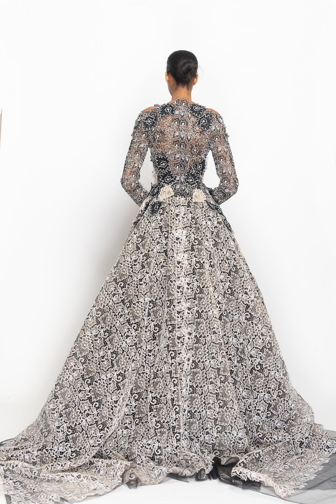 Onyx and Light Sand Belle Fleur Lace and Tulle Ball Gown with Open Shoulder Back
