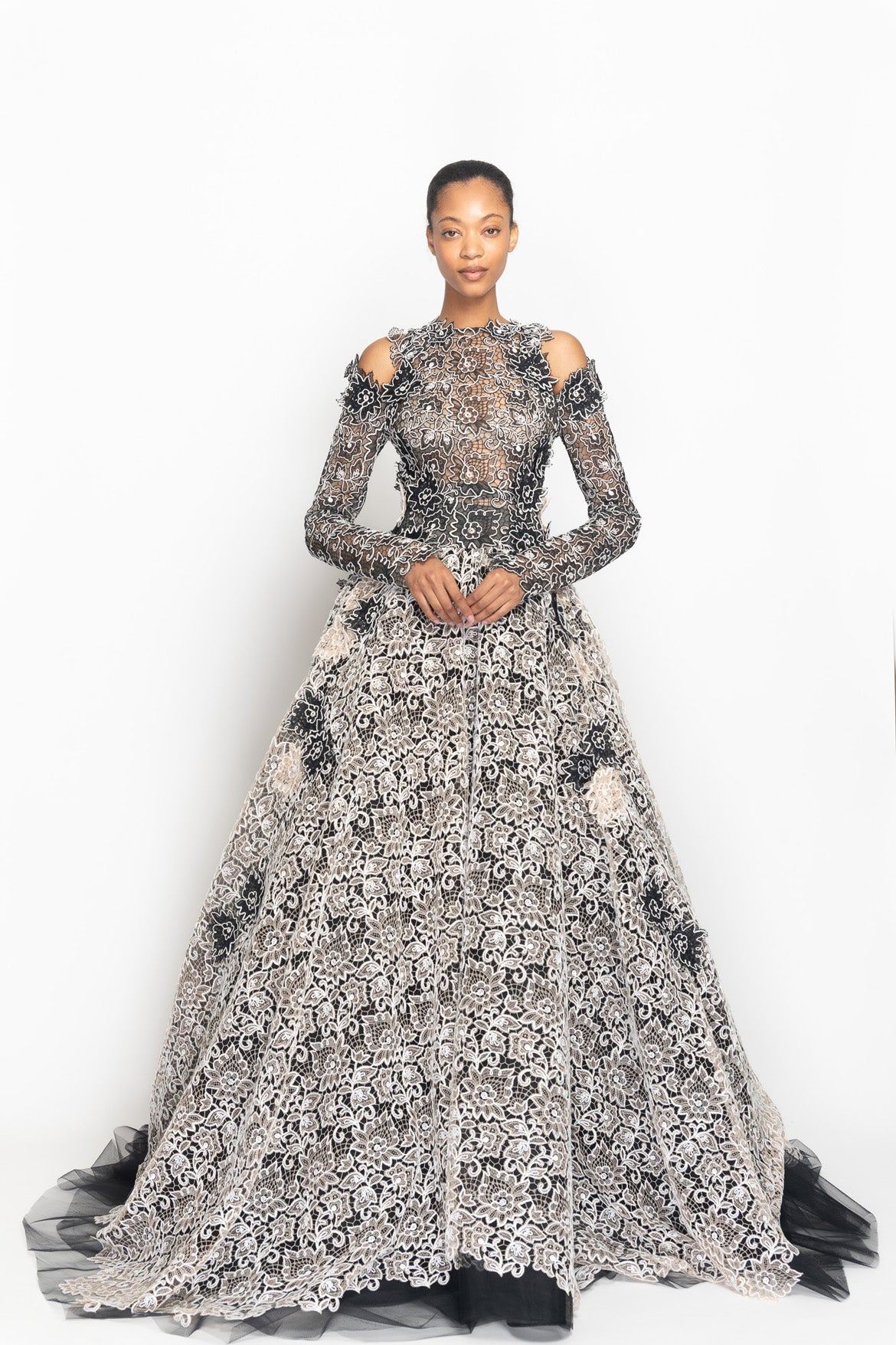 Onyx and Light Sand Belle Fleur Lace and Tulle Ball Gown with Open Shoulder Front