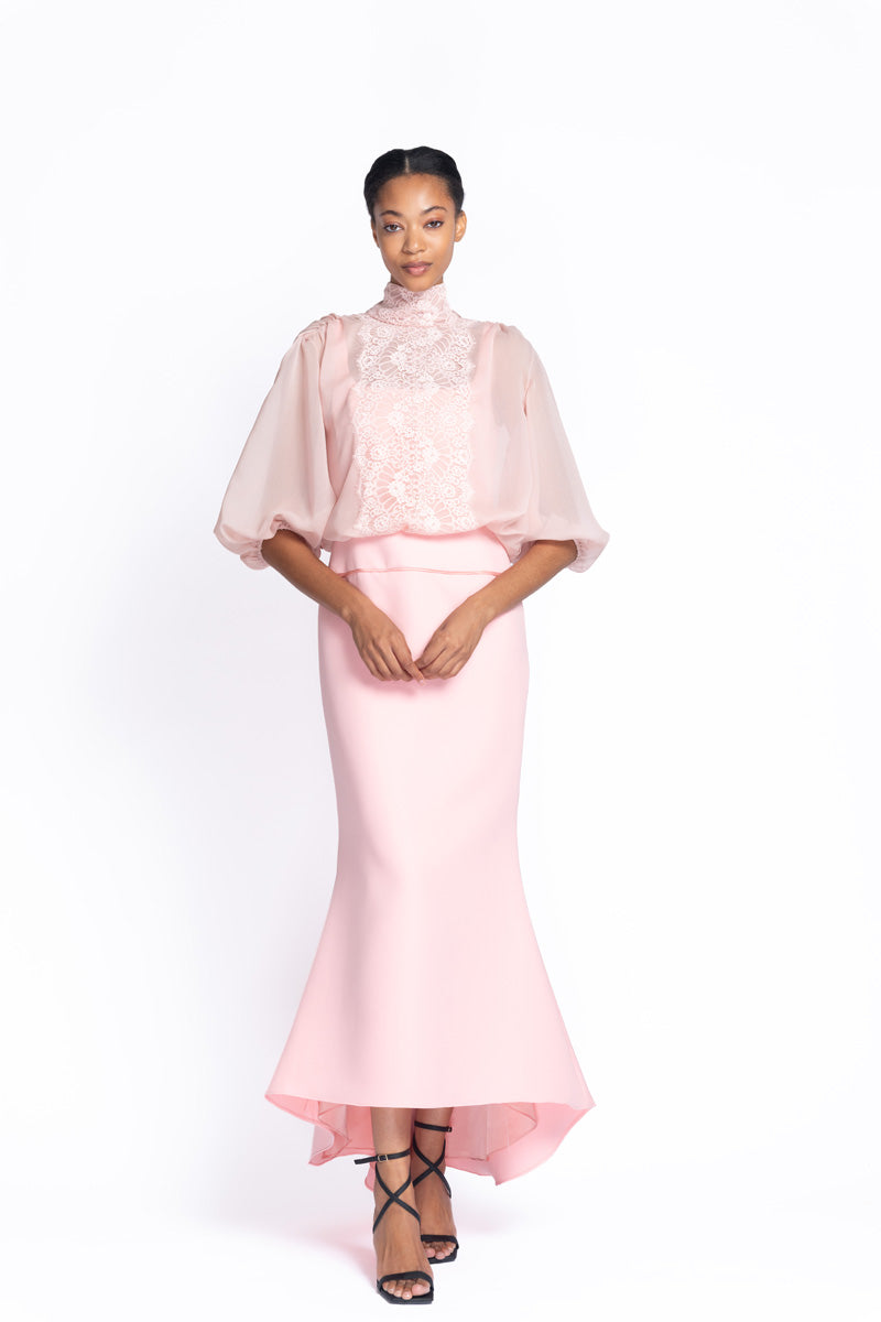 Primrose Crepe And Peony Cady Dress with Chantilly Lace Applique 1