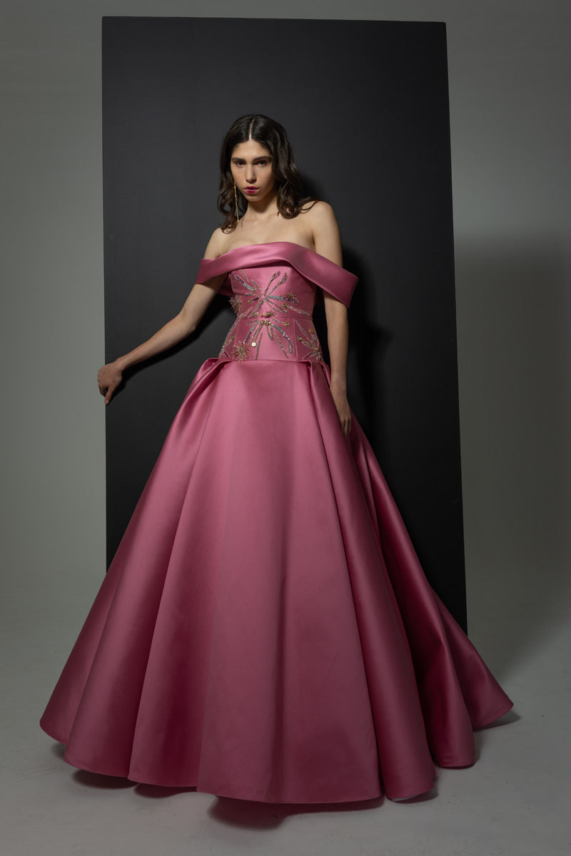 Wild Rose Barathea Ball Gown with Crystal Radicle Embroidery and Shoulder Drape Front Runway