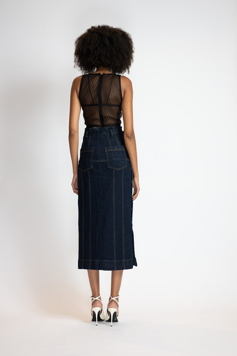 Unbleached Indigo Denim Paneled Skirt With Side Slits 5