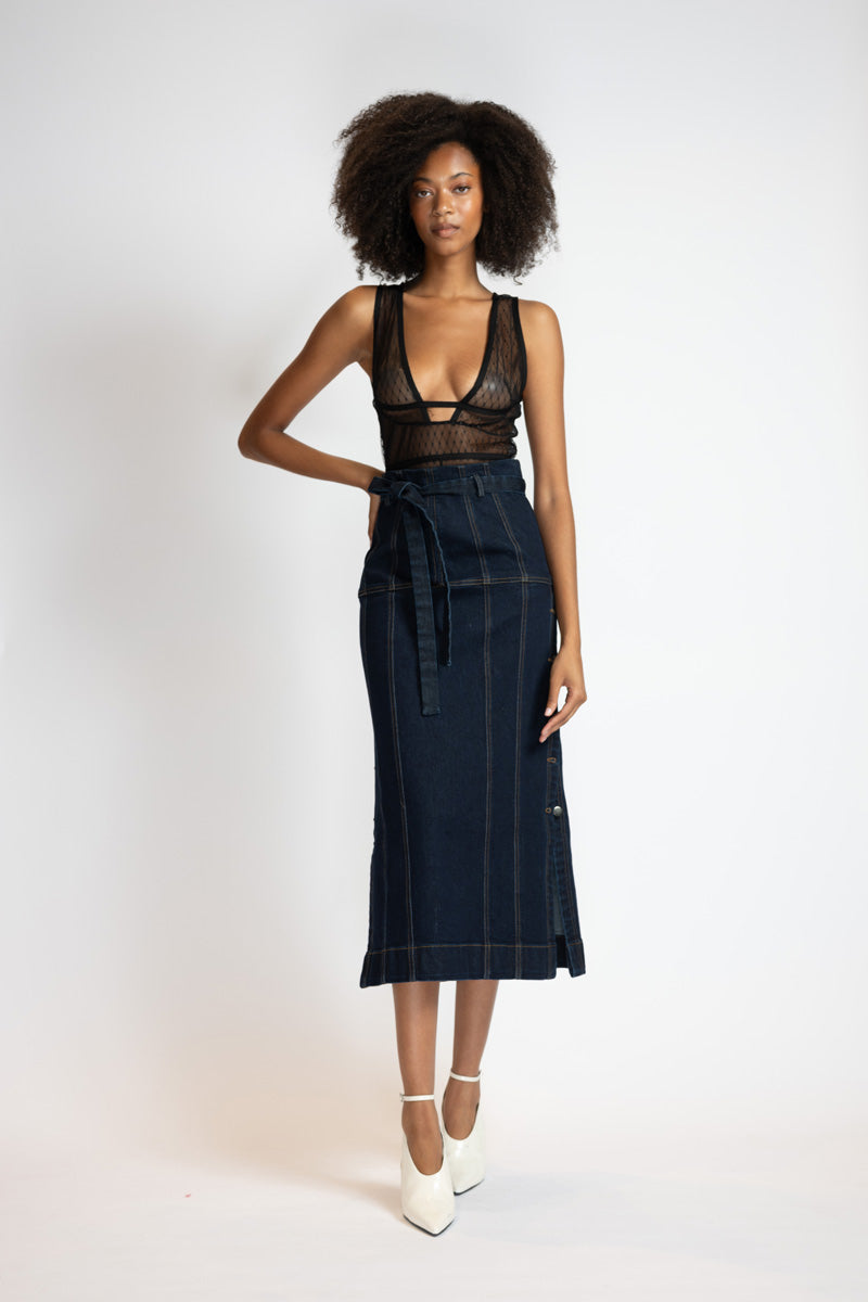 Unbleached Indigo Denim Paneled Skirt With Side Slits 1