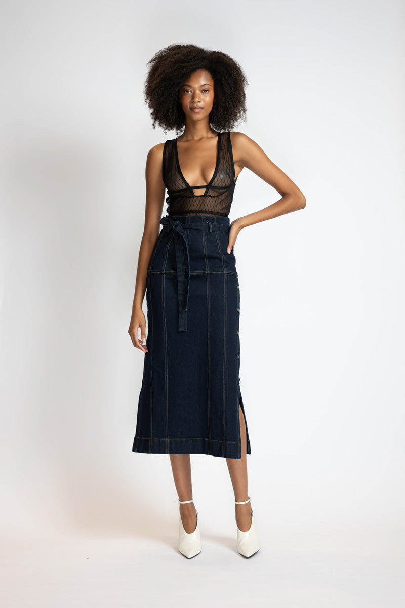 Unbleached Indigo Denim Paneled Skirt With Side Slits 2