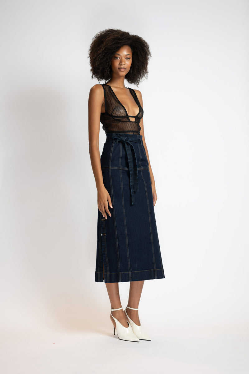 Unbleached Indigo Denim Paneled Skirt With Side Slits 3