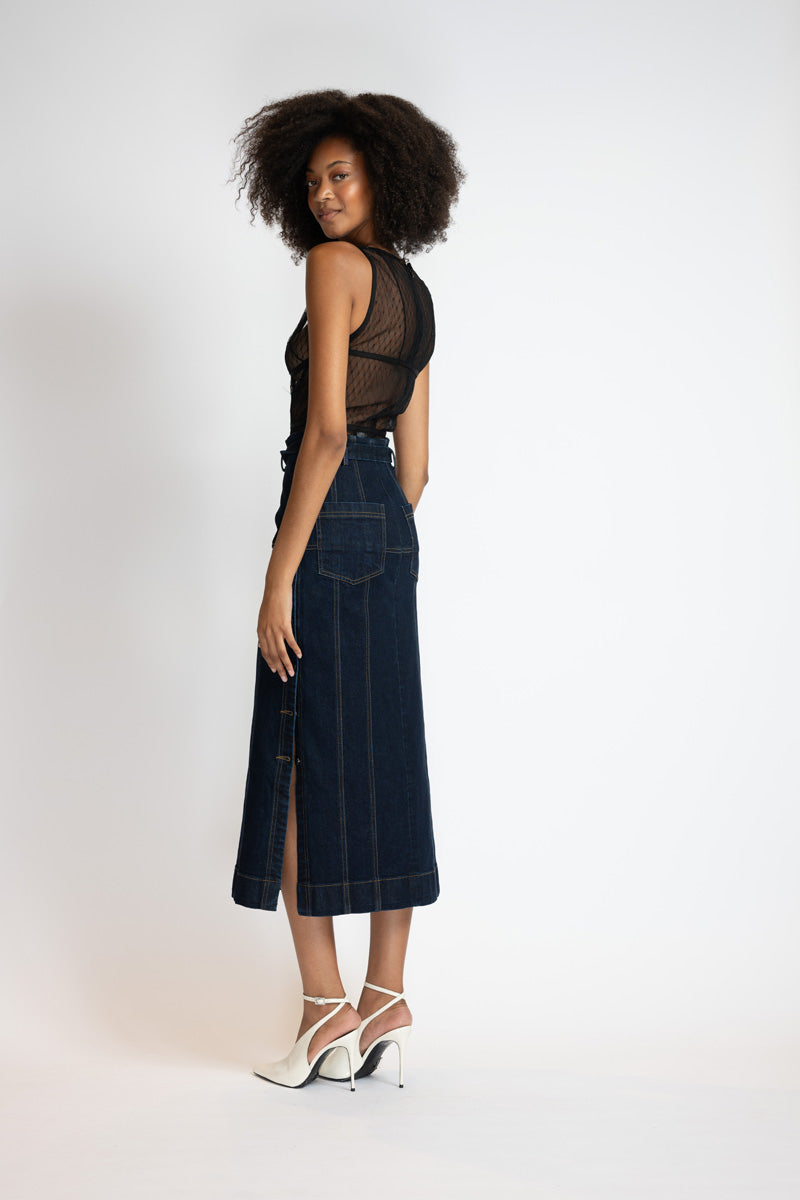 Unbleached Indigo Denim Paneled Skirt With Side Slits 4