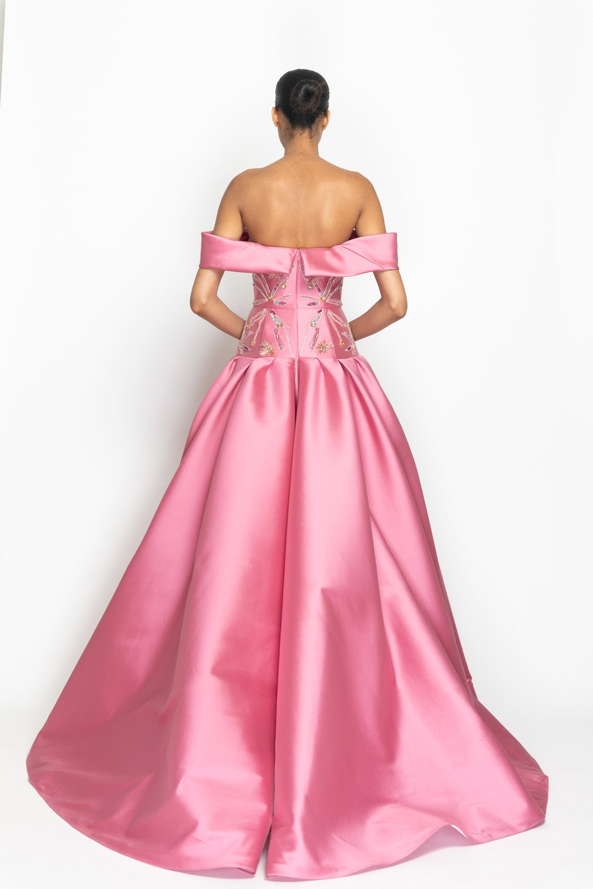 Wild Rose Barathea Ball Gown with Crystal Radicle Embroidery and Shoulder Drape Back