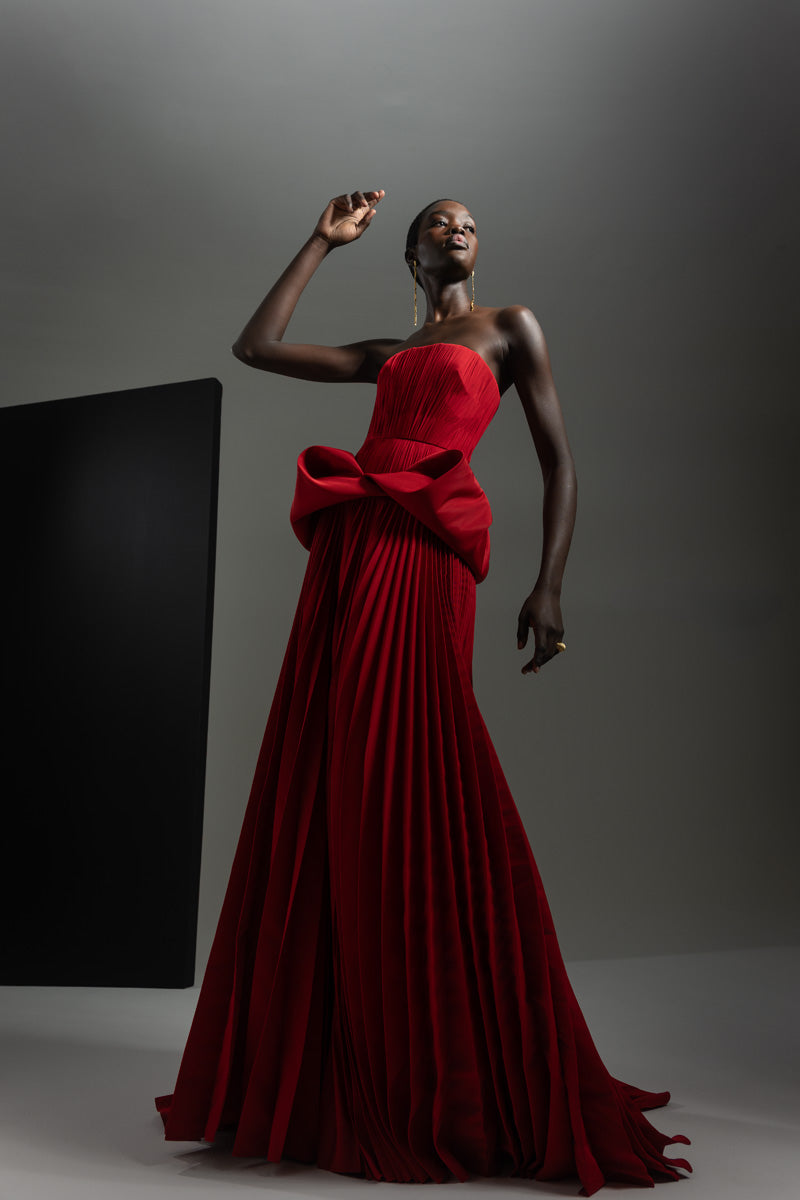 Sindoor Faille and Pleated Chiffon Strapless Gown with Moulded Hip Drape and Pleated Skirt Front Runway
