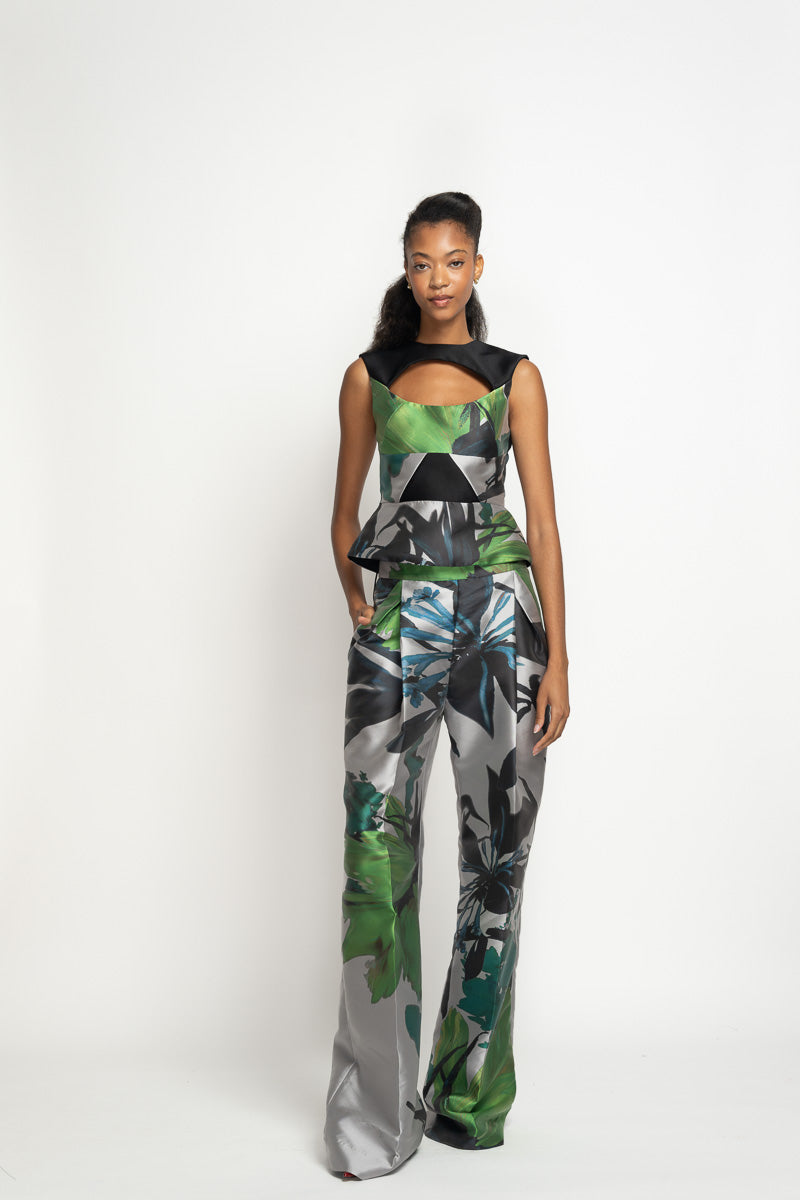 Silver and Green Lata Printed Barathea Top 2