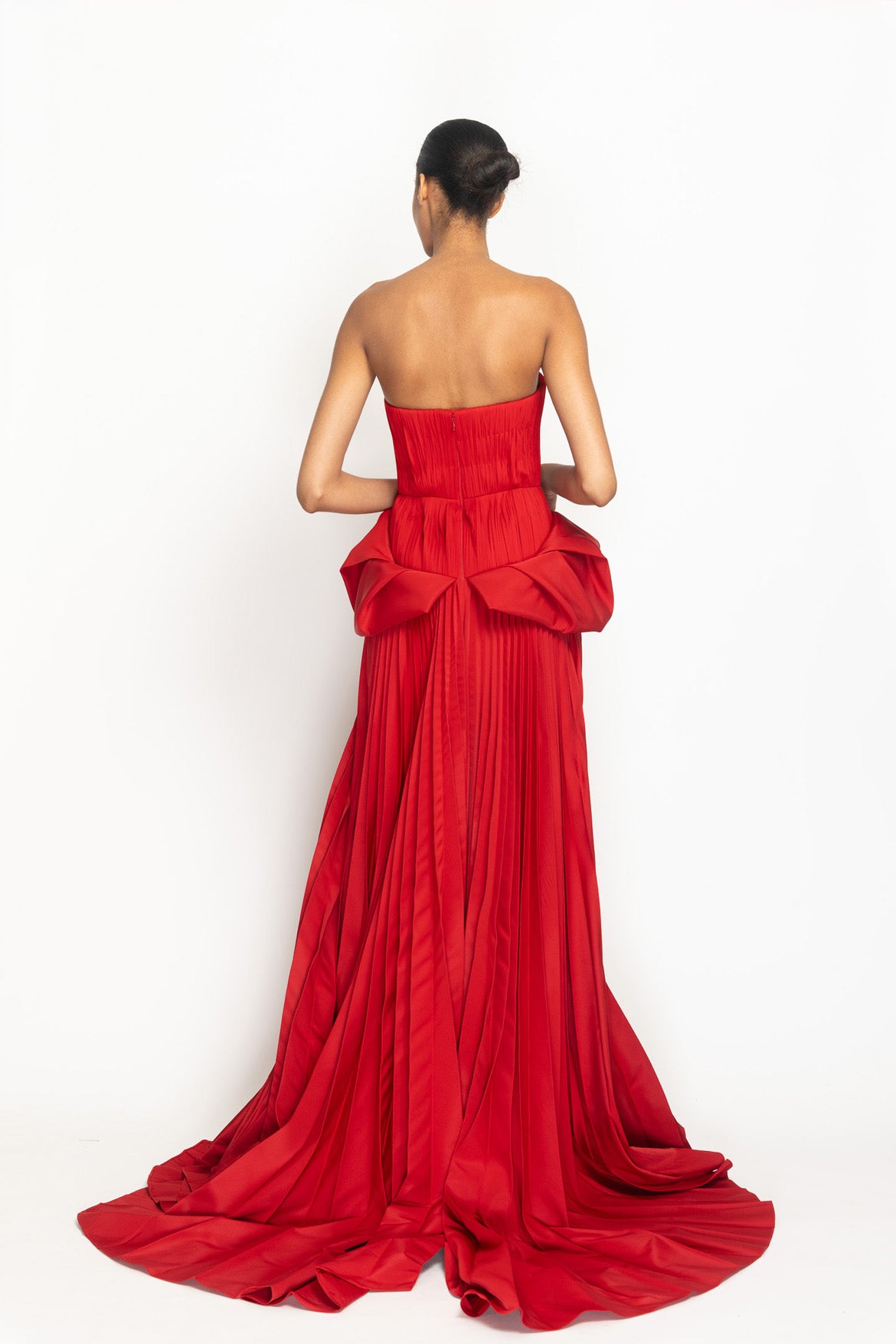 Sindoor Faille and Pleated Chiffon Strapless Gown with Moulded Hip Drape and Pleated Skirt Back