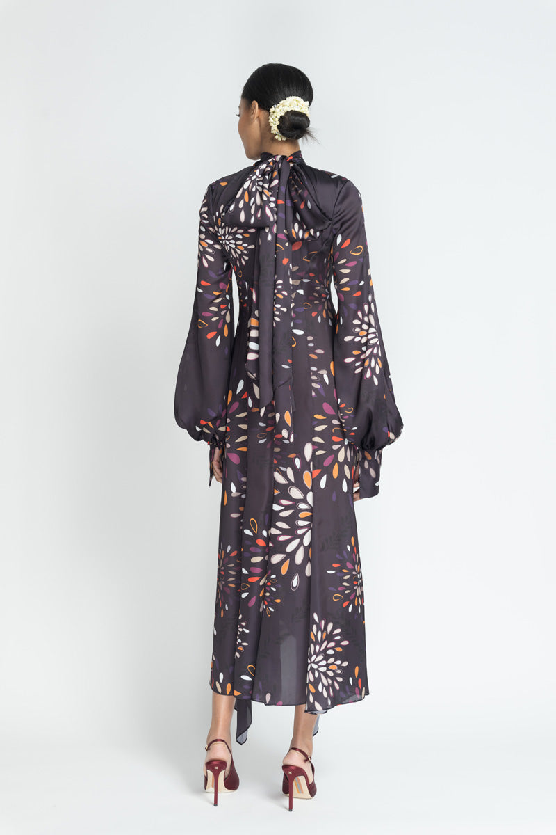 Sashi Print Satin Long Sleeve Kameez Dress With Neck Tie Detail 4