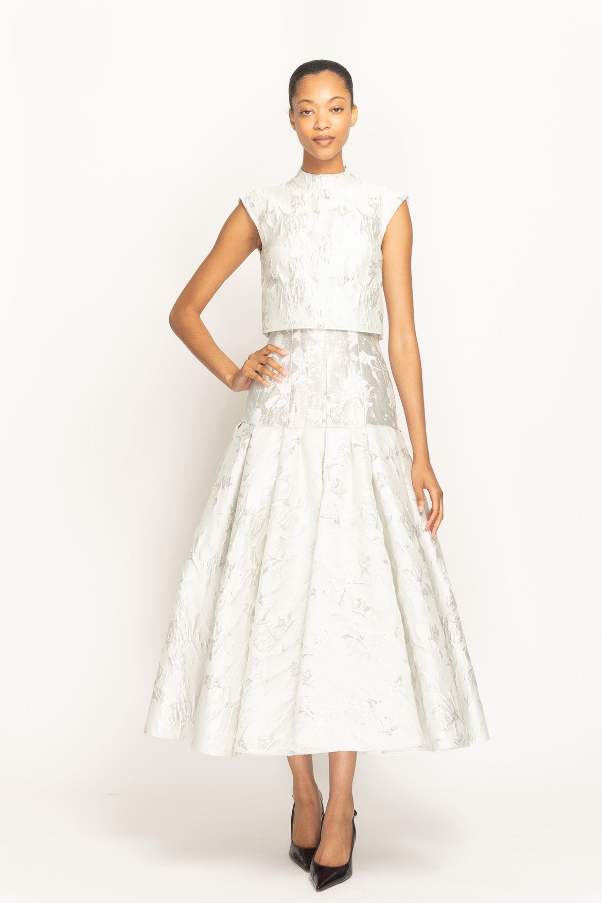 Whisper Bloom Jacquard High Neck Pod Top Front Runway