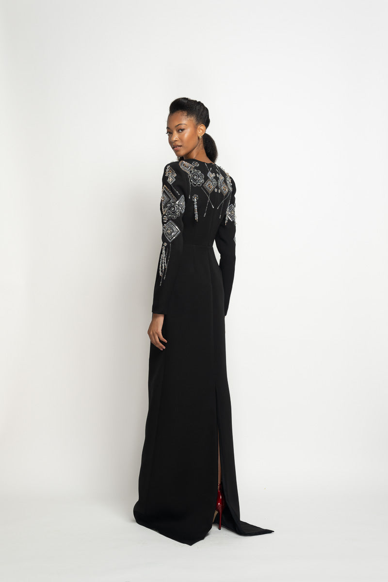 Onyx Cady Column Gown with Alpana Embroidery 4
