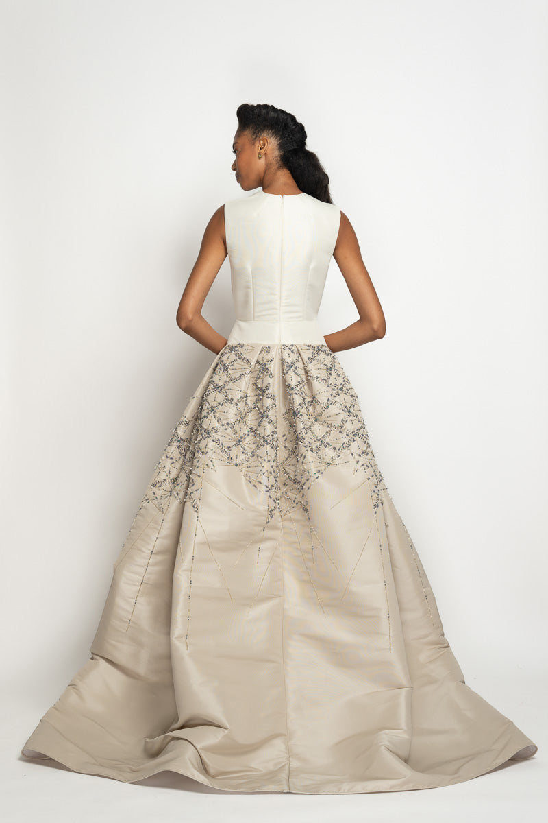 Ivory and Stone Faille Ball Gown with Sitara Embroidery 5