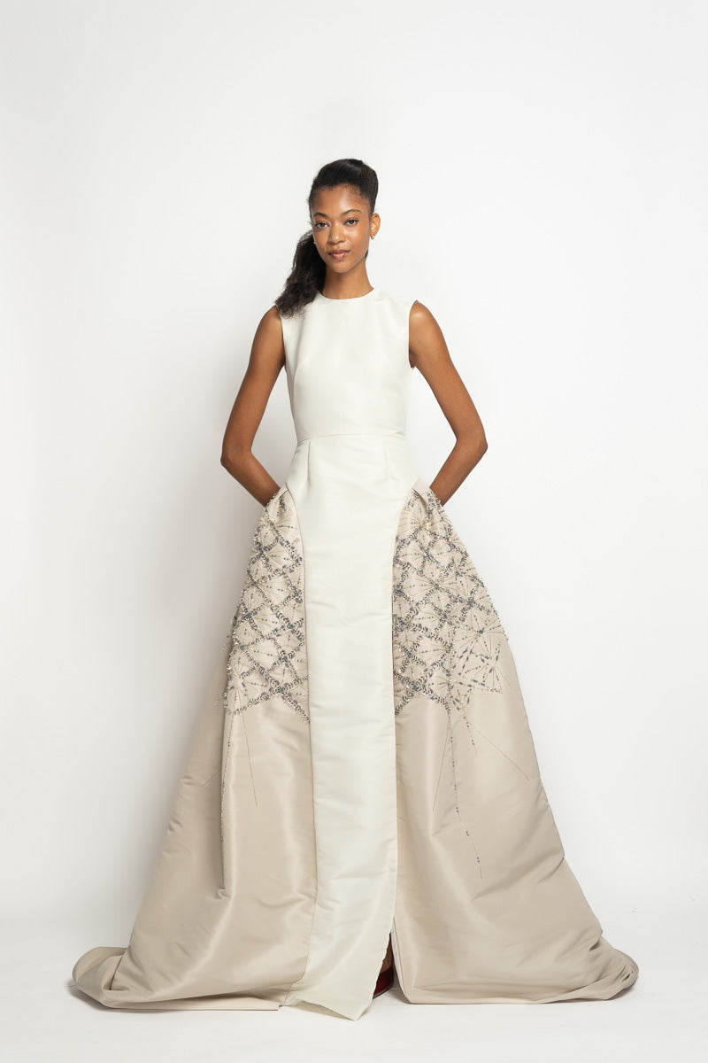 Ivory and Stone Faille Ball Gown with Sitara Embroidery 2