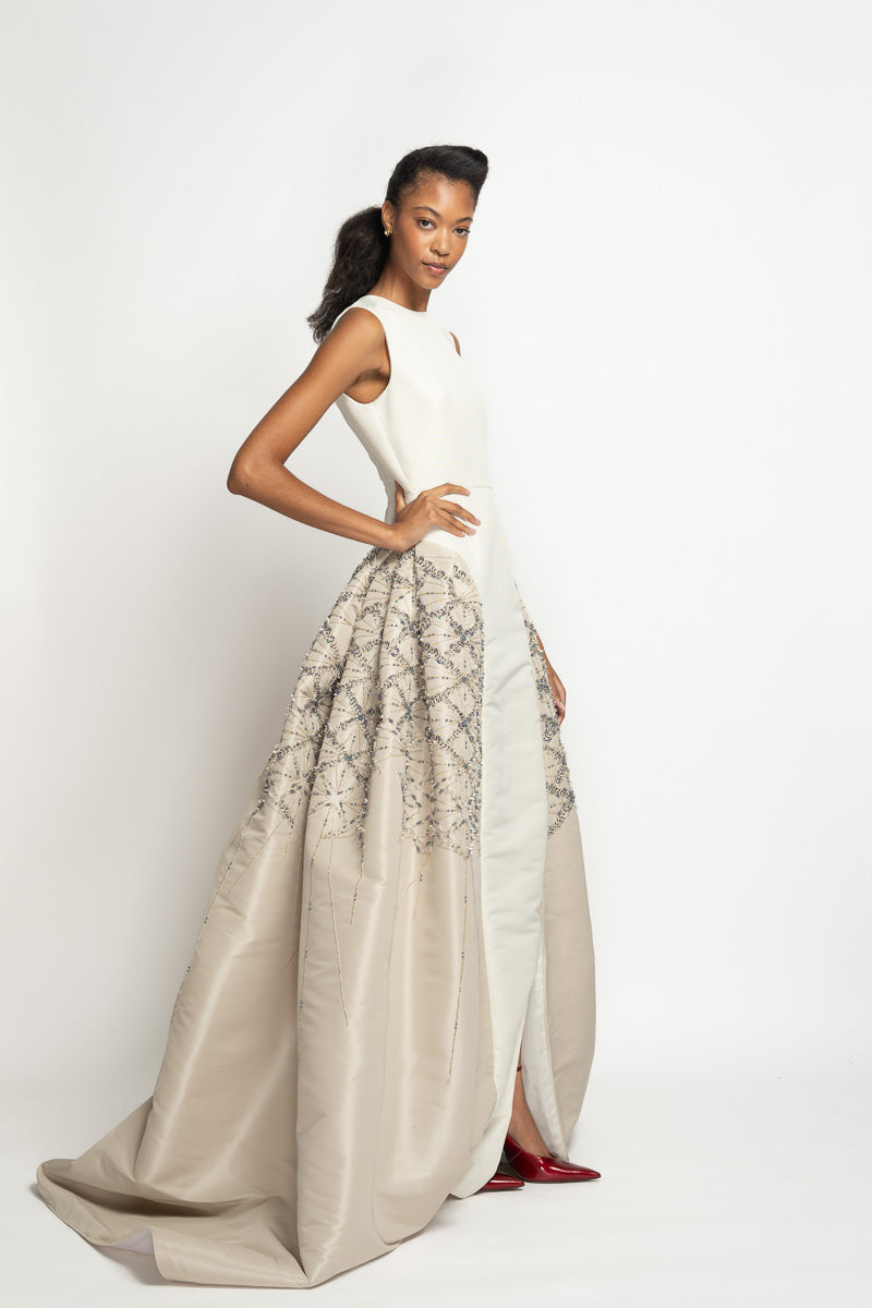 Ivory and Stone Faille Ball Gown with Sitara Embroidery 3