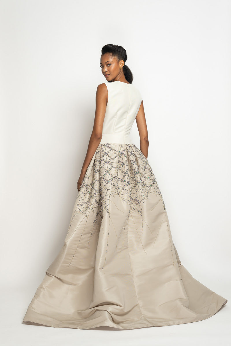Ivory and Stone Faille Ball Gown with Sitara Embroidery 4