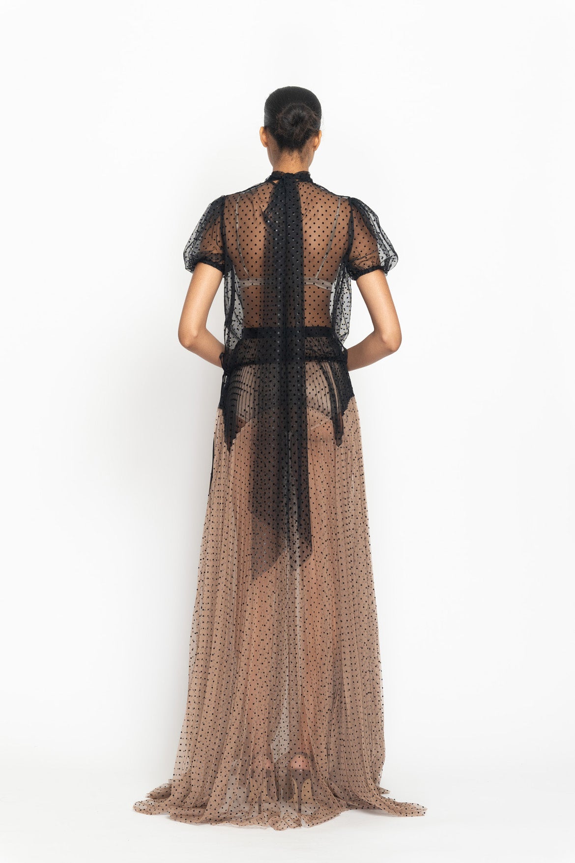 Onyx Point d’Esprit Puff Sleeve Top with Neck Tie Detail Back