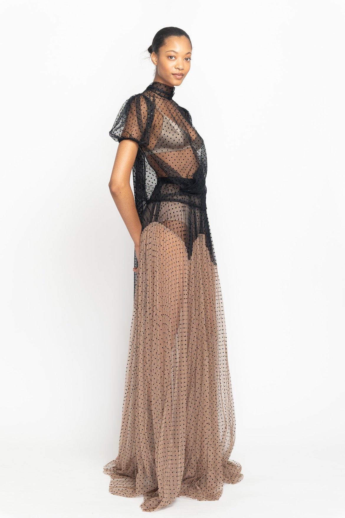Onyx Point d’Esprit Puff Sleeve Top with Neck Tie Detail Side One
