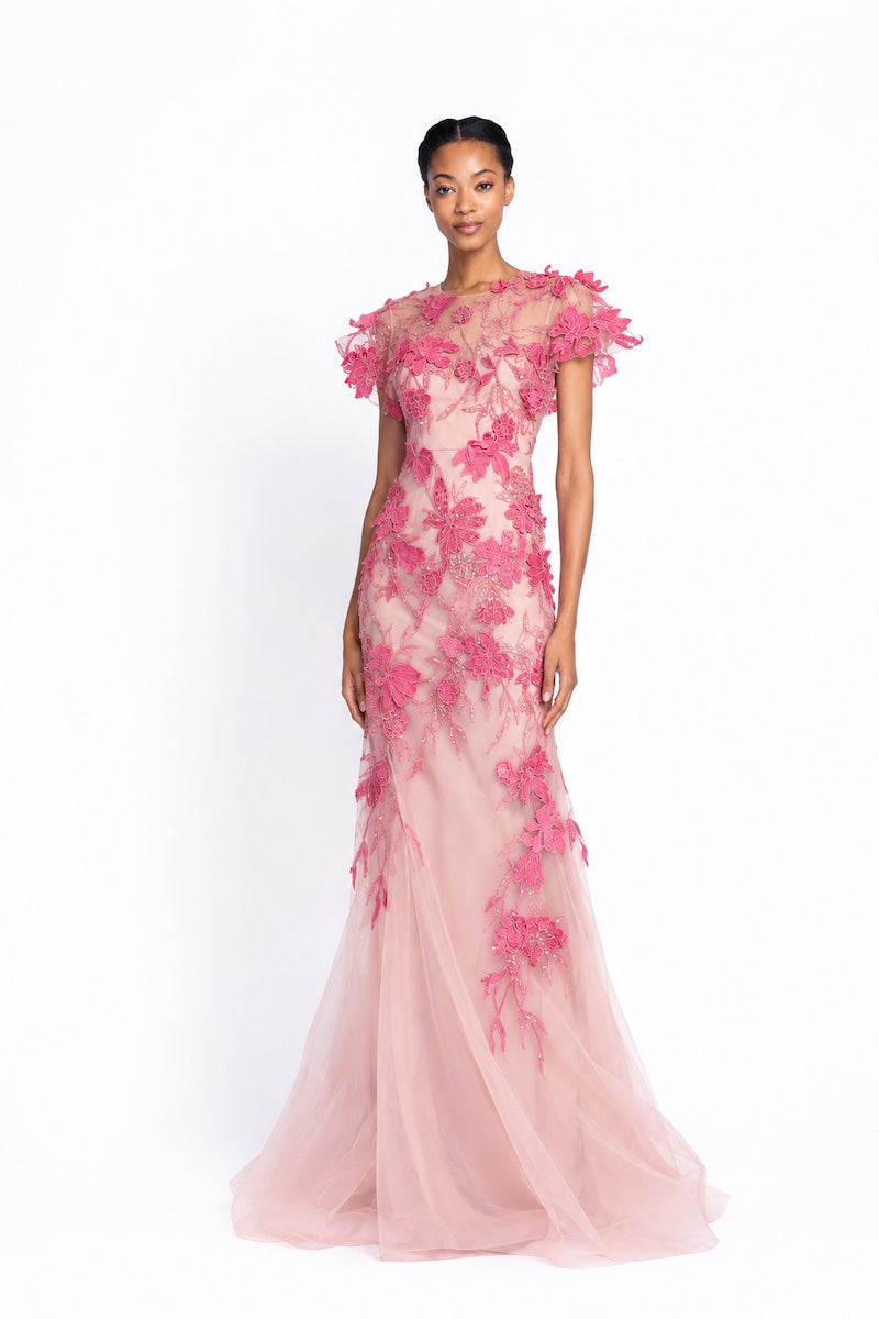 Rose and Peony Rosella Vine Embroidered Tulle Gown 1