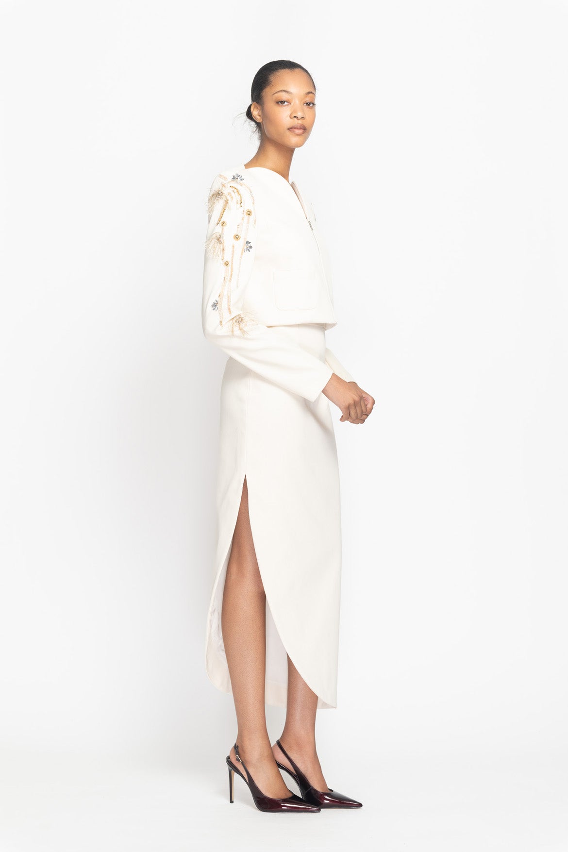 Light Sand Crystal Radicle Embroidered Arched Neck Cropped Jacket Side One